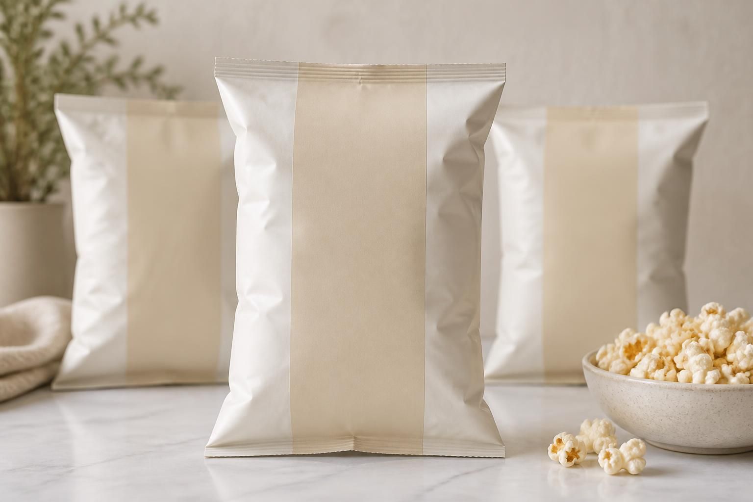 Neatly arranged salty popcorn bags on a clean surface.