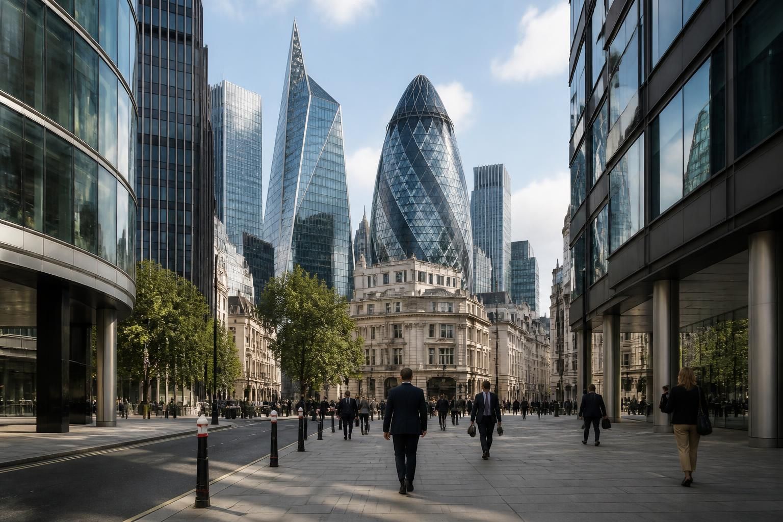 City of London skyline with modern towers and polished streets.