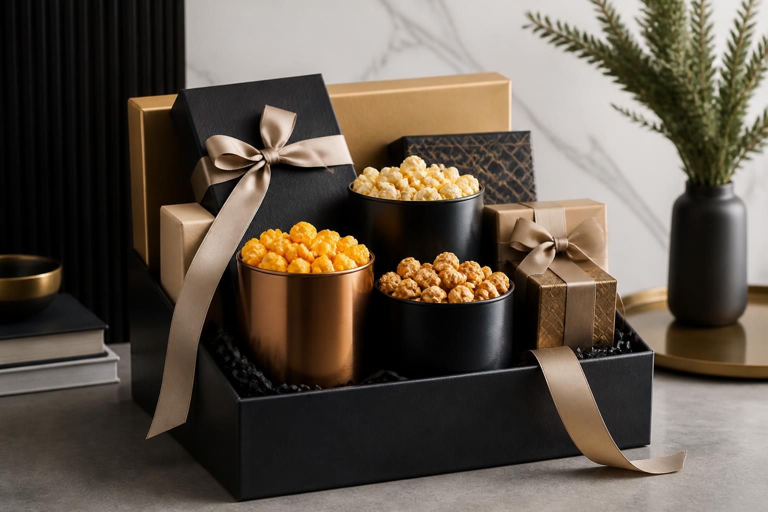 Refined corporate hamper with popcorn tins and gift boxes.