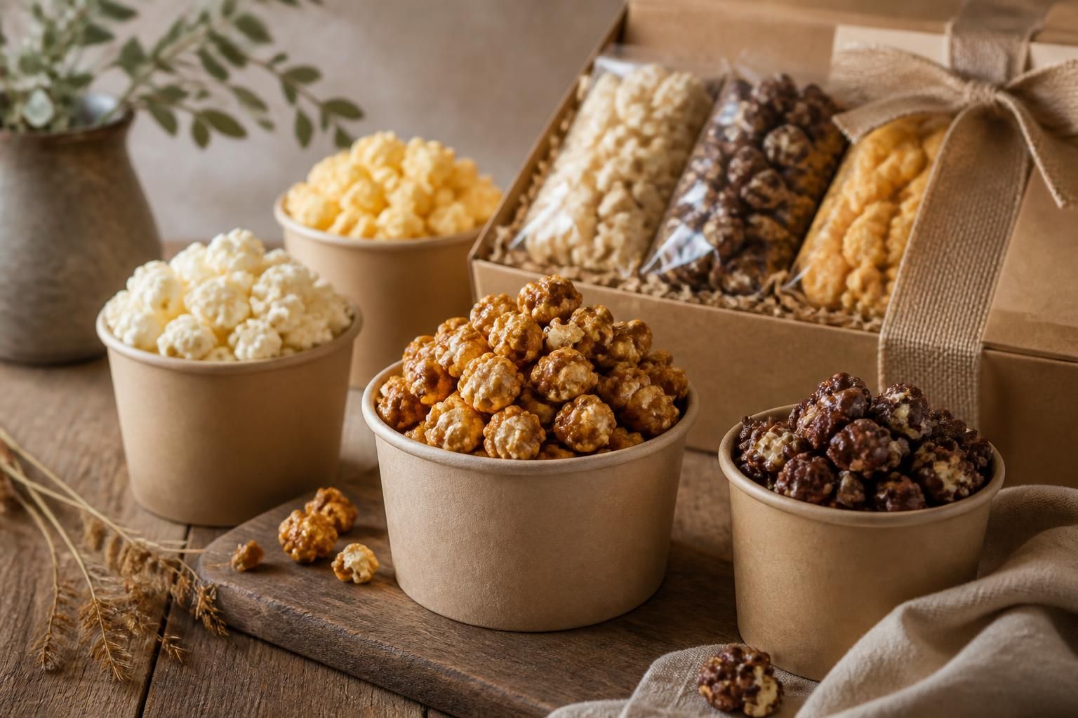 Assorted gourmet popcorn display with elegant gift packaging.