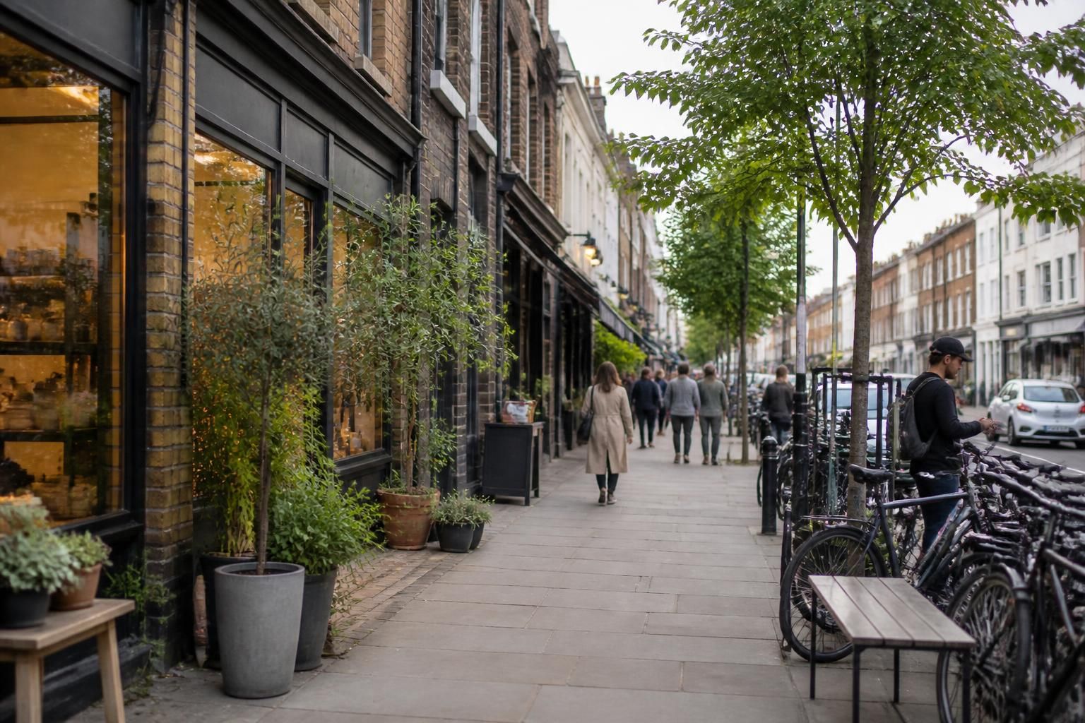 Hackney street scene with brick facades and local charm.