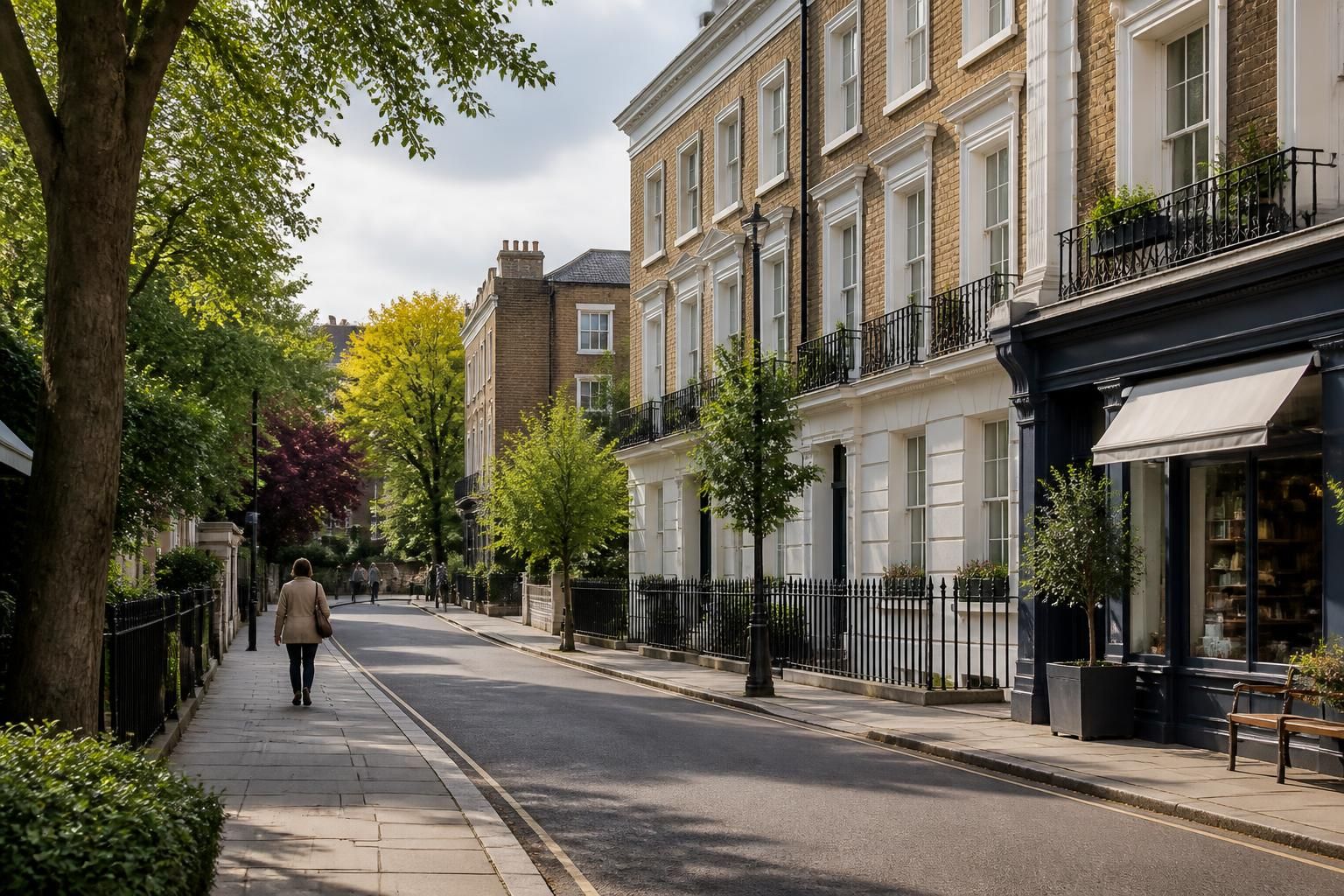 Calm Islington street with townhouses and leafy accents.