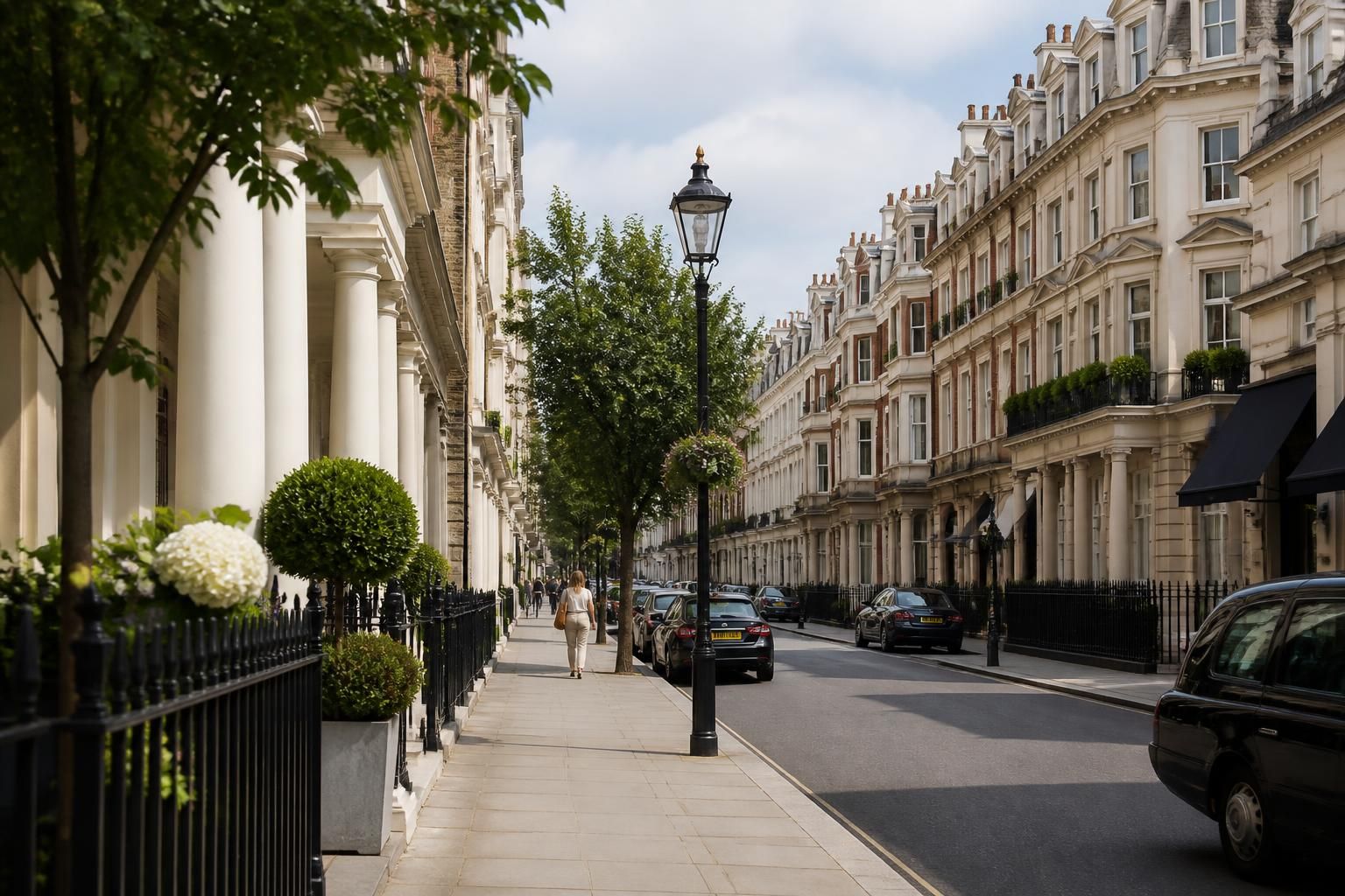 Elegant Kensington and Chelsea street with townhouse facades.