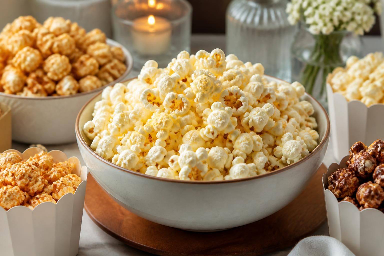 Party snack popcorn arranged in bowls and small cups.