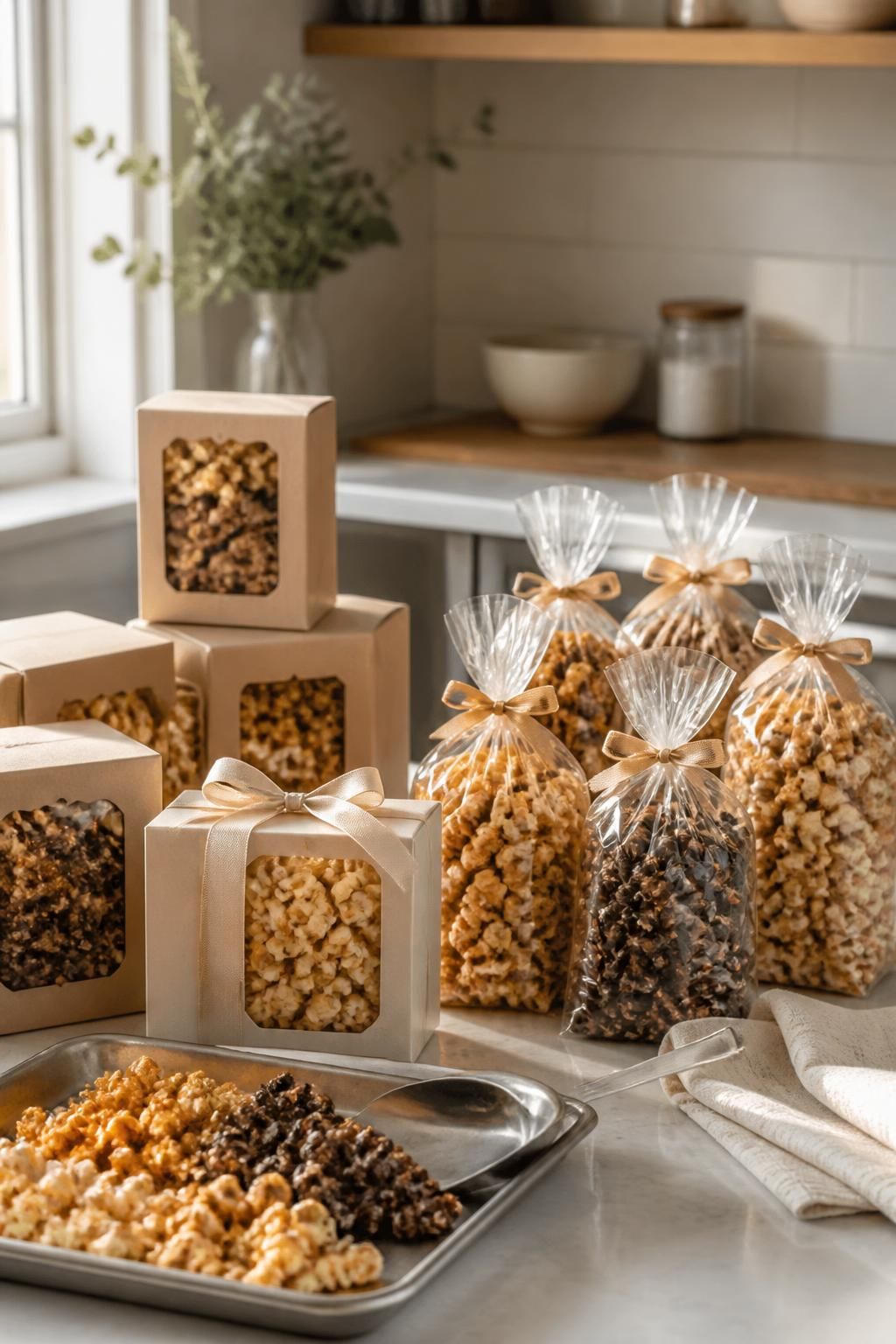 Neatly arranged popcorn gift boxes on a clean counter.