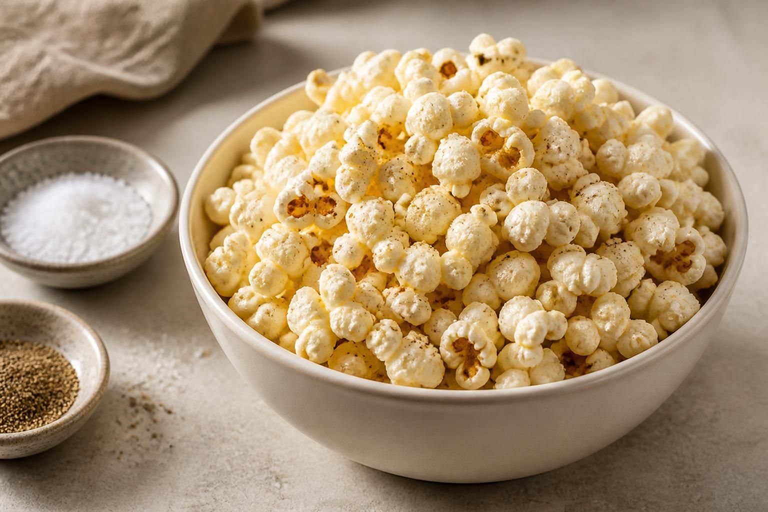 Savoury salted popcorn in a clean ceramic bowl.