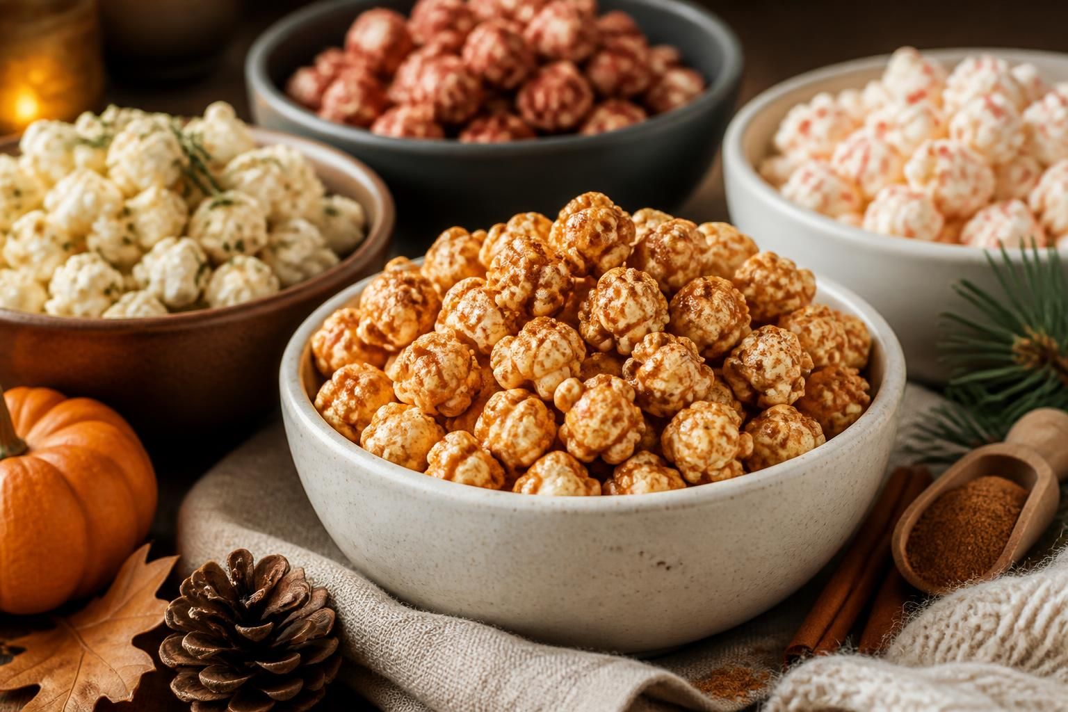 Seasonal popcorn flavours arranged in coordinated bowls.