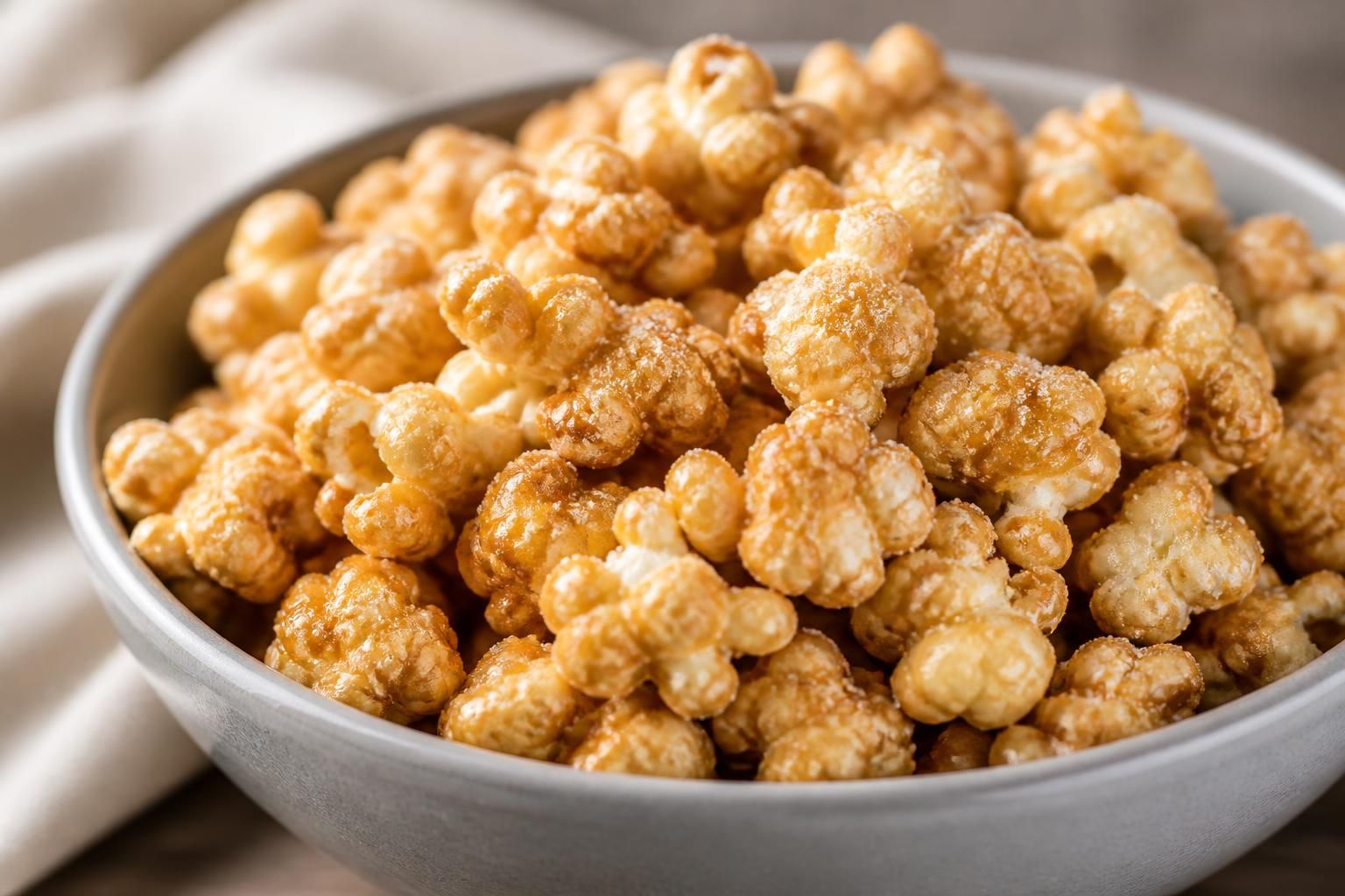 Sweet caramel popcorn in a clean serving bowl.