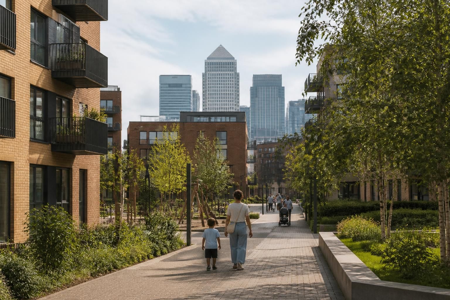 Modern Tower Hamlets scene with residential buildings and walkways.