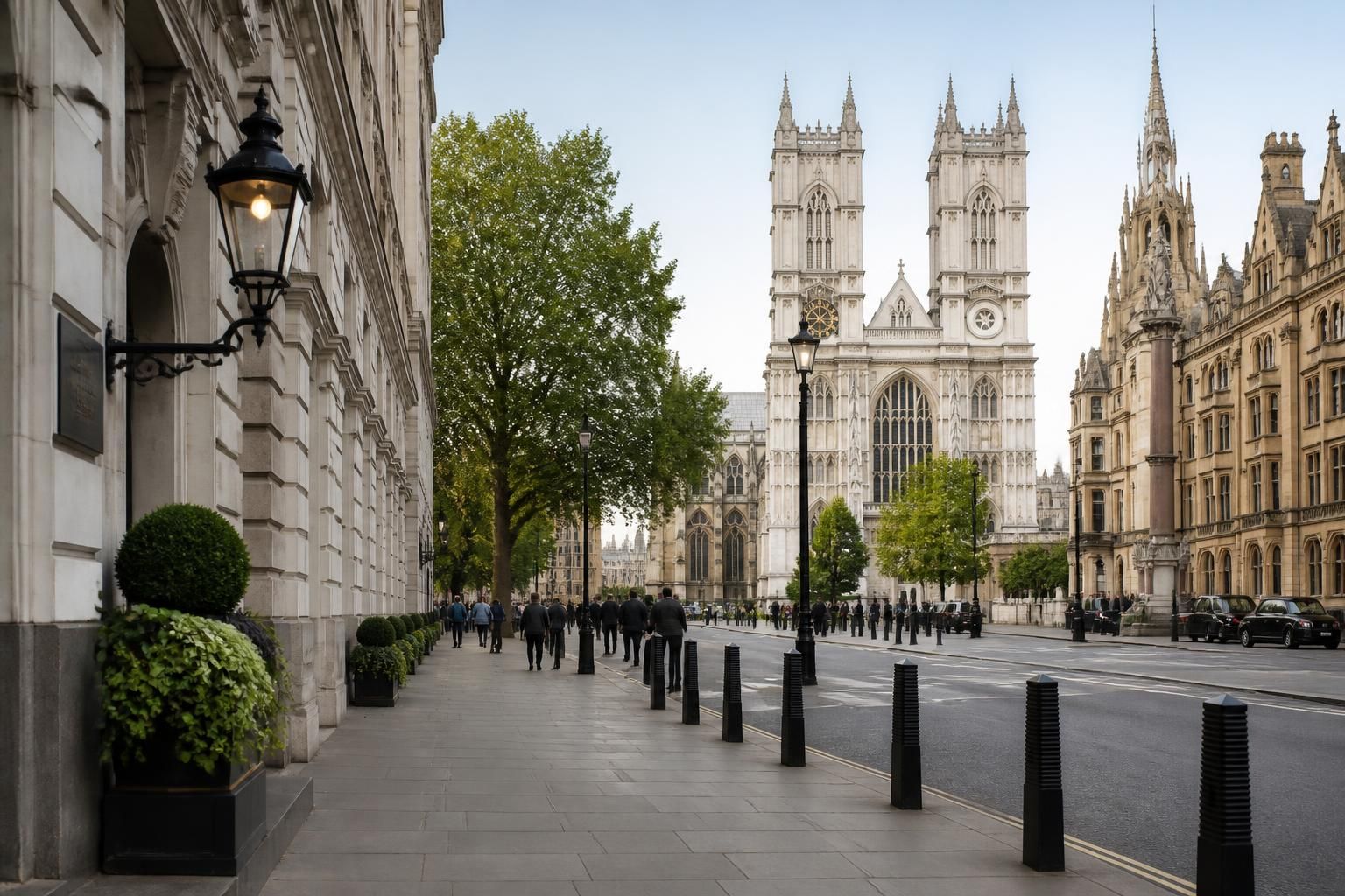 Elegant Westminster street scene with historic architecture.
